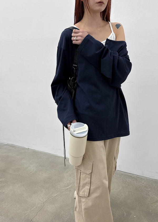 [MADE] Yuusi Sheer Loose-Fit Henley Long-Sleeve Tee