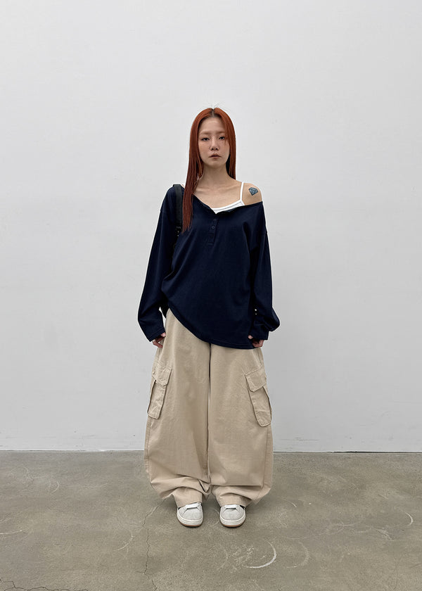 [MADE] Yuusi Sheer Loose-Fit Henley Long-Sleeve Tee