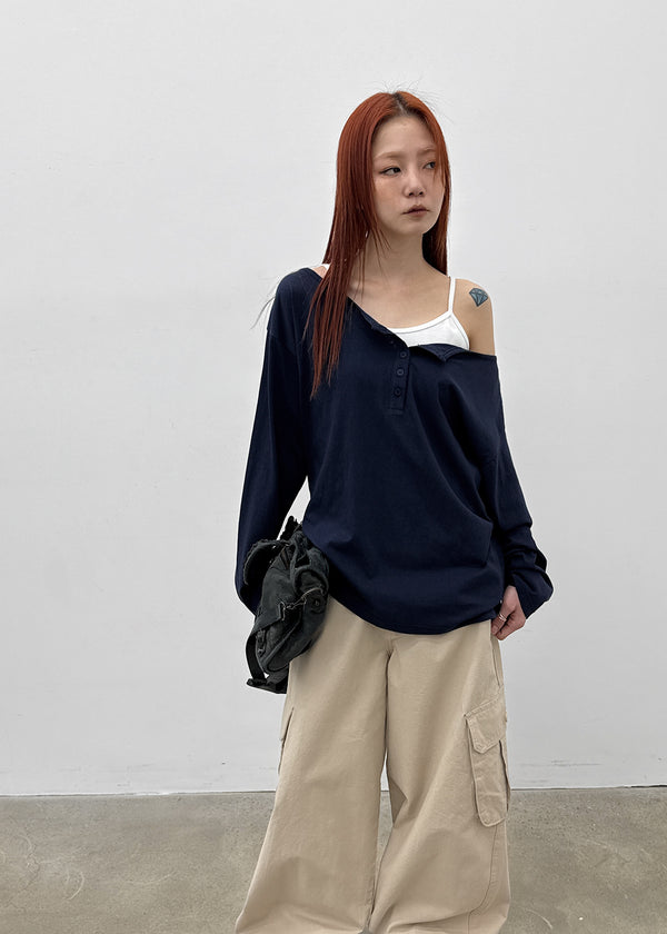 [MADE] Yuusi Sheer Loose-Fit Henley Long-Sleeve Tee