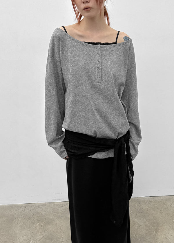 [MADE] Yuusi Sheer Loose-Fit Henley Long-Sleeve Tee