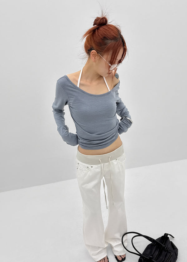 Dapeng Stripe Deep U-Neck Long Sleeve Tee