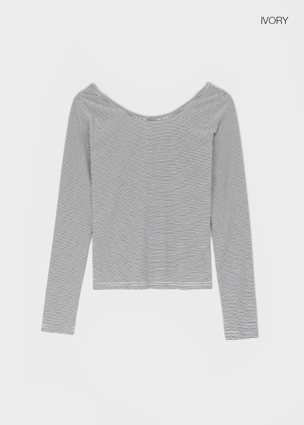 Dapeng Stripe Deep U-Neck Long Sleeve Tee