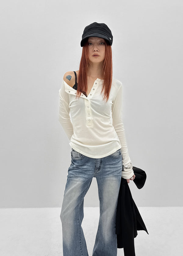 Nuden Snap Button Rounding Long Sleeve T-shirt