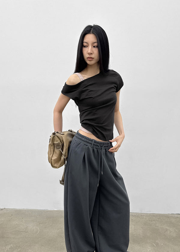 Srank Unbal Off-shoulder Short Sleeve T-shirt