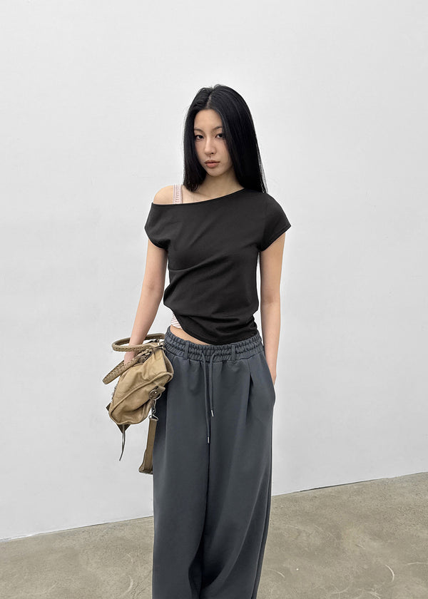 Srank Unbal Off-shoulder Short Sleeve T-shirt