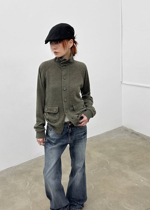 Litnum High-neck Pocket Knit Cardigan