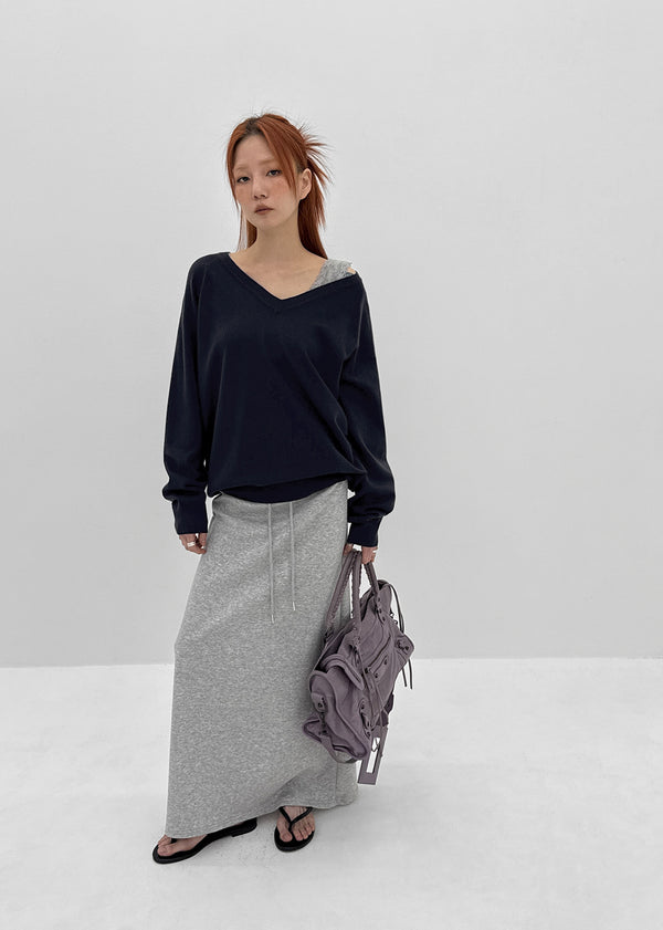 Kabdo Color-block Layered Banding Long Skirt