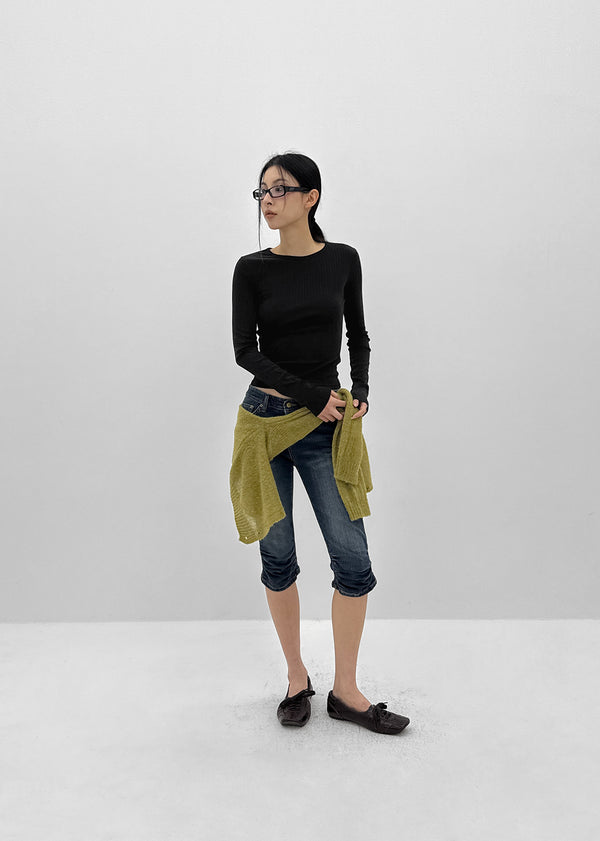 Betco Washed Shirring Capri Denim Pants