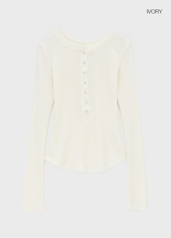 Nuden Snap Button Rounding Long Sleeve T-shirt