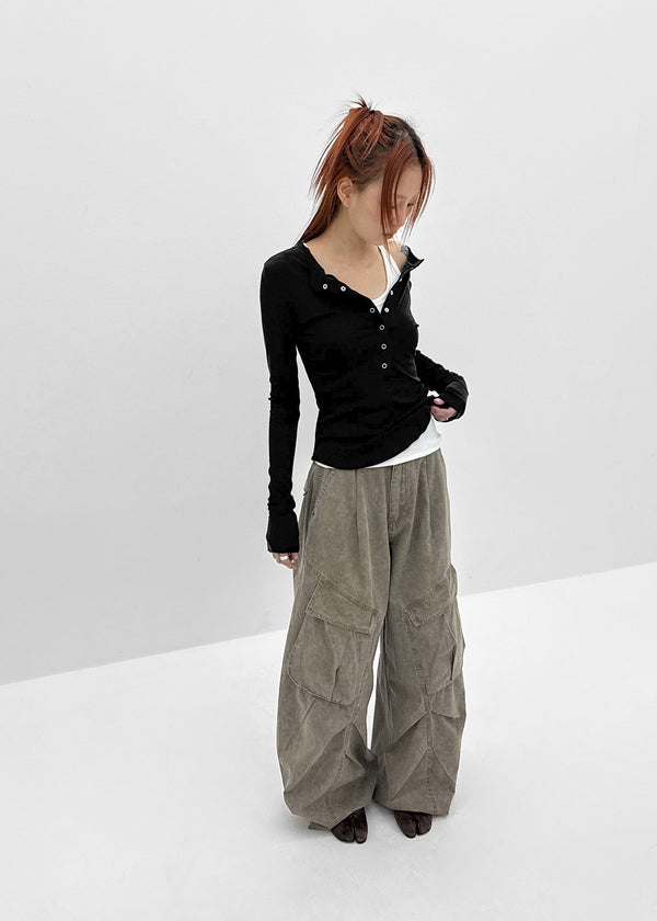 Nuden Snap Button Rounding Long Sleeve T-shirt