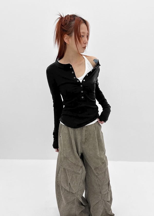 Nuden Snap Button Rounding Long Sleeve T-shirt