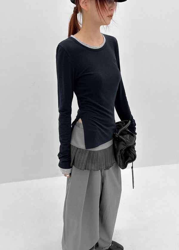 [MADE] Plindy Color-Block Slit Long Sleeve Top