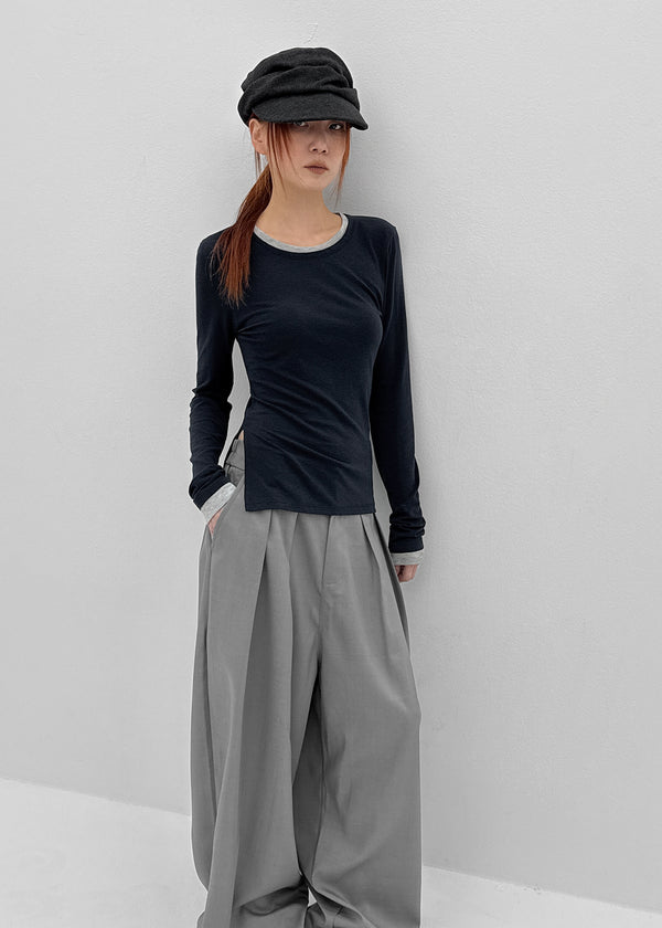 [MADE] Plindy Color-Block Slit Long Sleeve Top