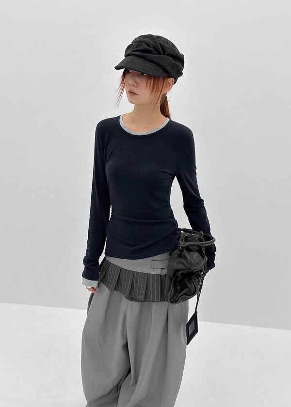 [MADE] Plindy Color-Block Slit Long Sleeve Top