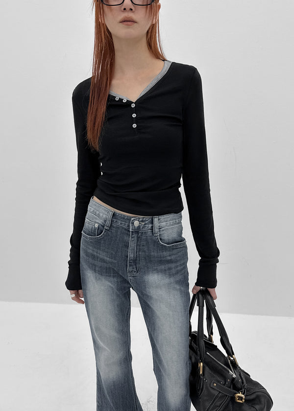 Nuert Button V-neck Layered Long Sleeve T-shirt