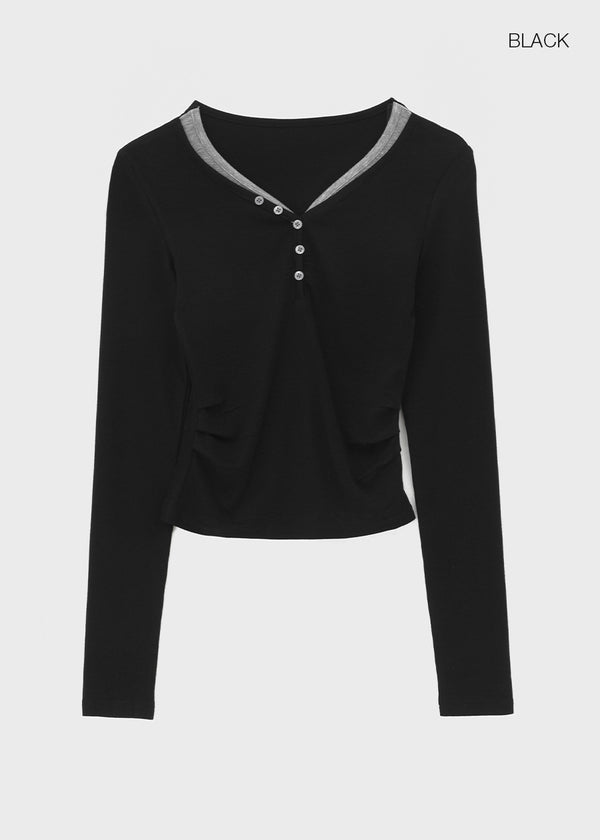 Nuert Button V-neck Layered Long Sleeve T-shirt