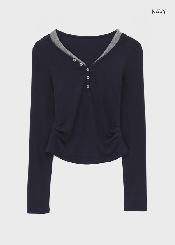 Nuert Button V-neck Layered Long Sleeve T-shirt