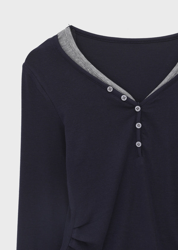 Nuert Button V-neck Layered Long Sleeve T-shirt