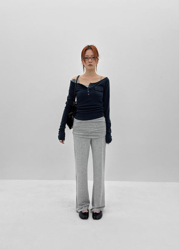 Wonshoi Pocket Button Off-shoulder Long Sleeve T-shirt