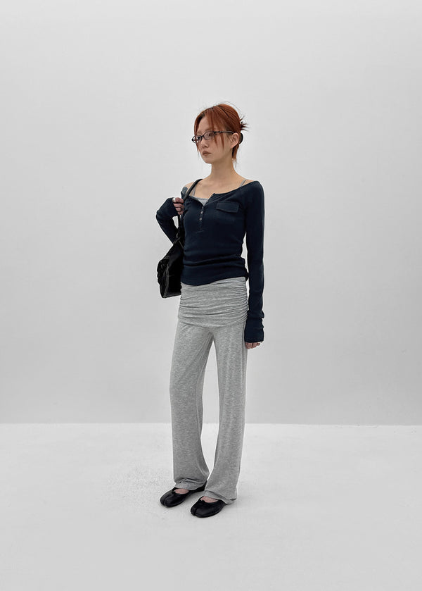 Wonshoi Pocket Button Off-shoulder Long Sleeve T-shirt