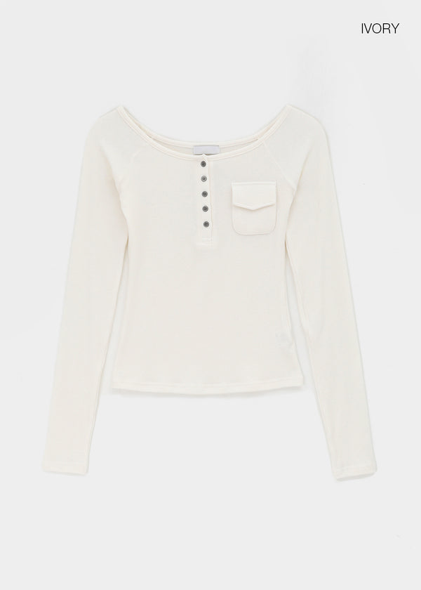 Wonshoi Pocket Button Off-shoulder Long Sleeve T-shirt