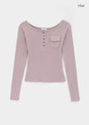Wonshoi Pocket Button Off-shoulder Long Sleeve T-shirt