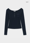 Wonshoi Pocket Button Off-shoulder Long Sleeve T-shirt
