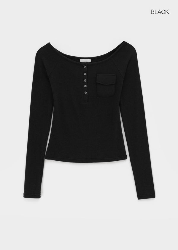 Wonshoi Pocket Button Off-shoulder Long Sleeve T-shirt