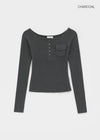 Wonshoi Pocket Button Off-shoulder Long Sleeve T-shirt