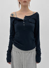 Wonshoi Pocket Button Off-shoulder Long Sleeve T-shirt