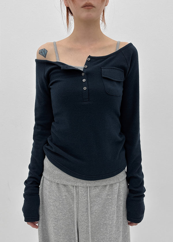 Wonshoi Pocket Button Off-shoulder Long Sleeve T-shirt