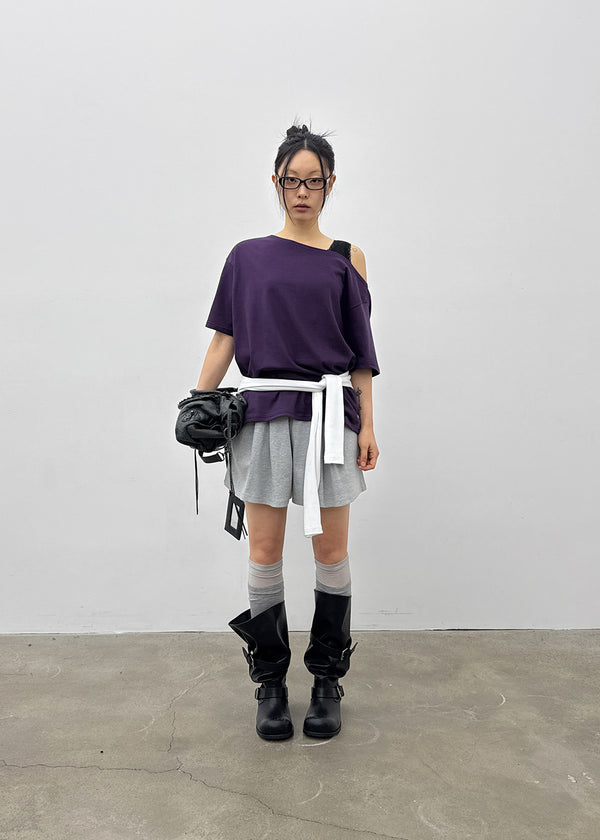 Posiku Unbalanced Off-shoulder Short Sleeve Tee