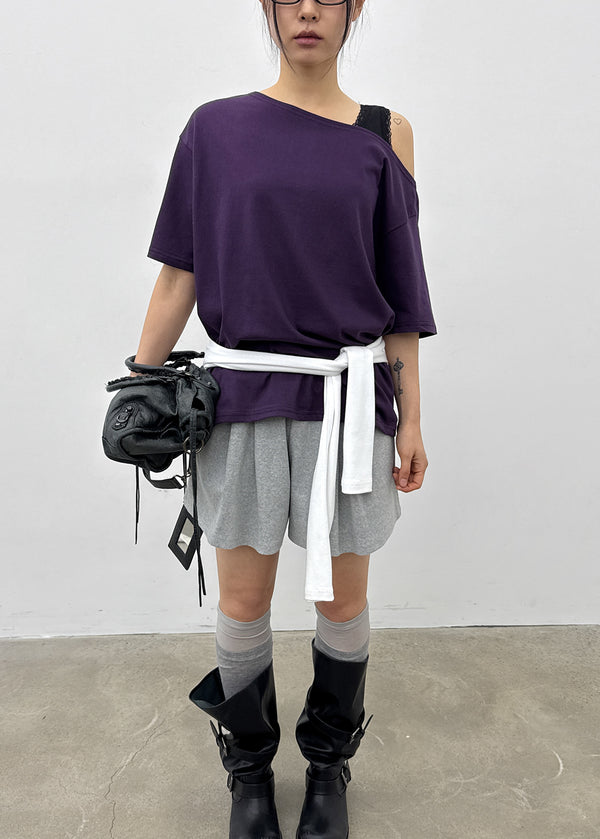 Posiku Unbalanced Off-shoulder Short Sleeve Tee