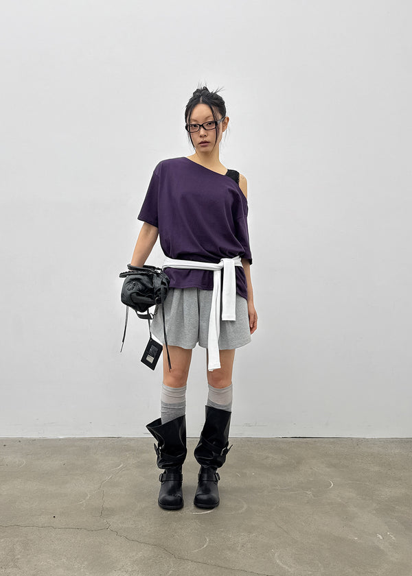 Posiku Unbalanced Off-shoulder Short Sleeve Tee