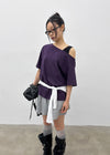 Posiku Unbalanced Off-shoulder Short Sleeve Tee