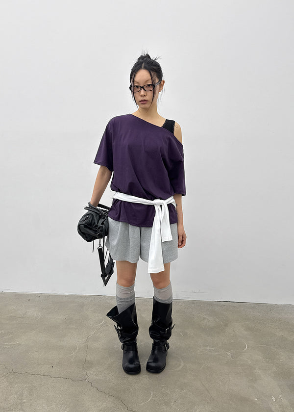 Posiku Unbalanced Off-shoulder Short Sleeve Tee