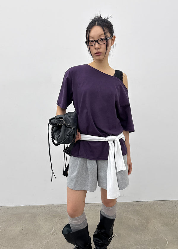 Posiku Unbalanced Off-shoulder Short Sleeve Tee