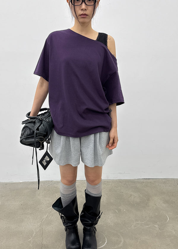 Posiku Unbalanced Off-shoulder Short Sleeve Tee