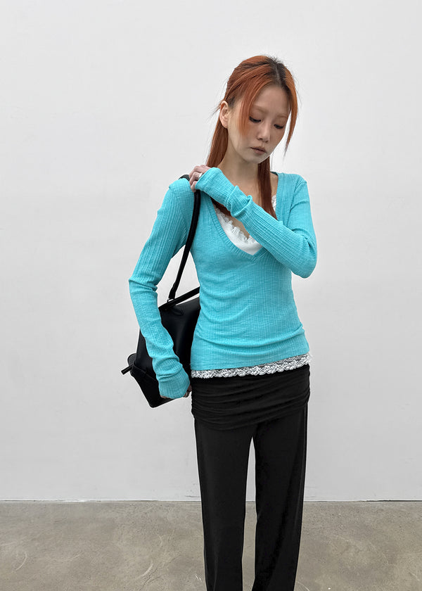 Dearlon Deep V-neck Ribbed Long Sleeve Tee