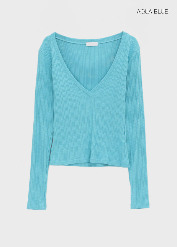 Dearlon Deep V-neck Ribbed Long Sleeve Tee