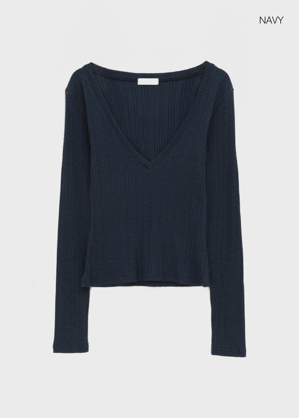 Dearlon Deep V-neck Ribbed Long Sleeve Tee