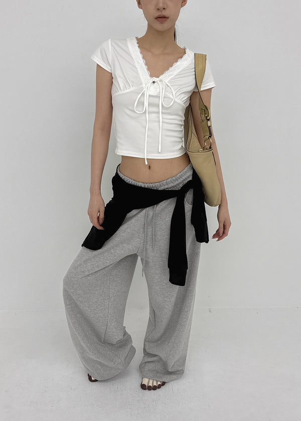 Chuman V-neck Lace Cap Sleeve Short-sleeve Tee