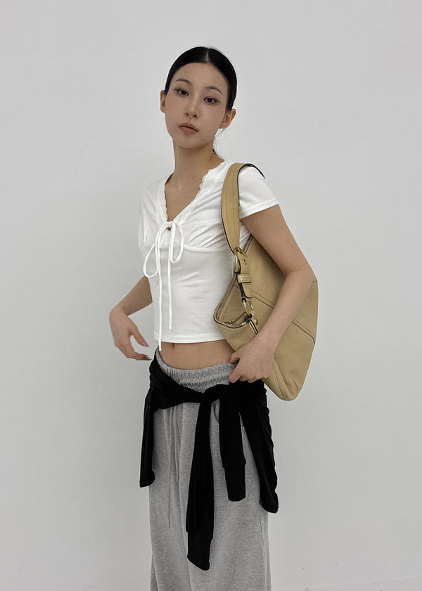 Chuman V-neck Lace Cap Sleeve Short-sleeve Tee