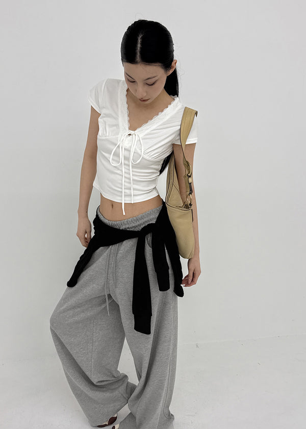 Chuman V-neck Lace Cap Sleeve Short-sleeve Tee