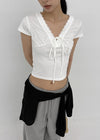 Chuman V-neck Lace Cap Sleeve Short-sleeve Tee