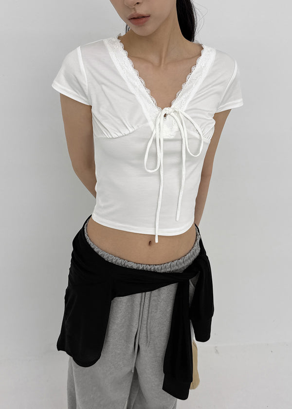 Chuman V-neck Lace Cap Sleeve Short-sleeve Tee
