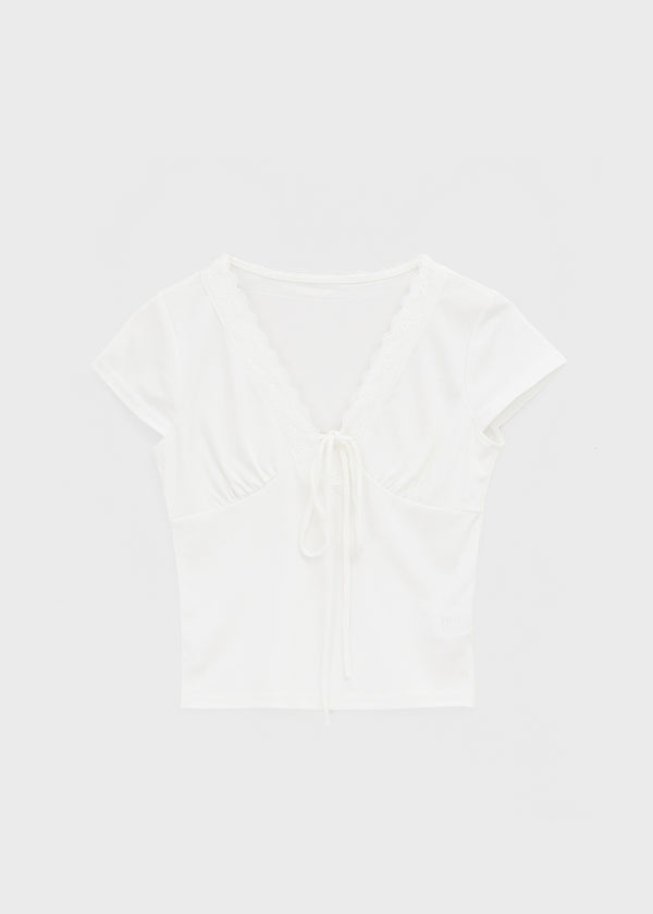 Chuman V-neck Lace Cap Sleeve Short-sleeve Tee