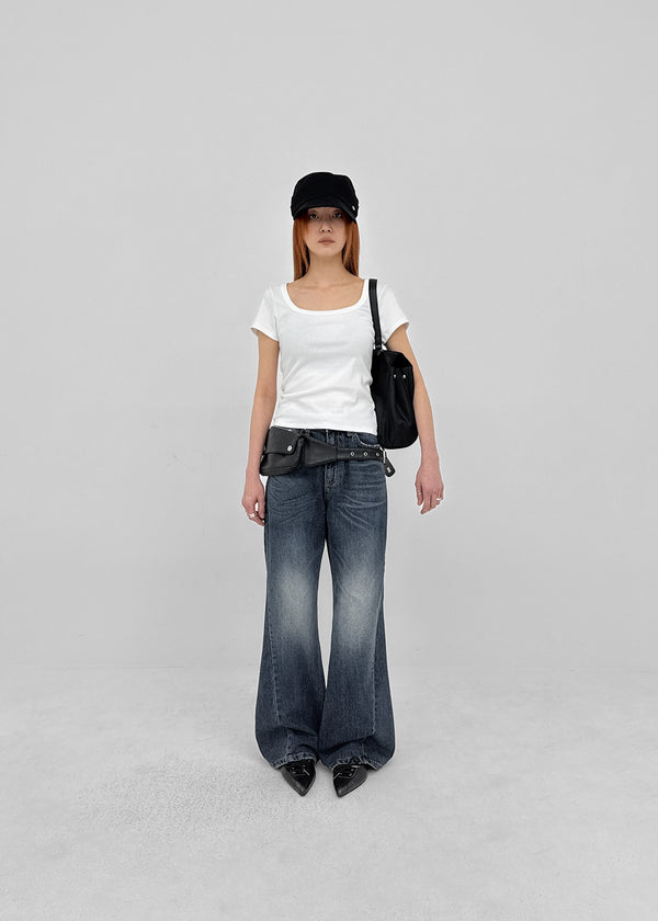 Colnat Diagonal Cut Wide Bootcut Denim Pants