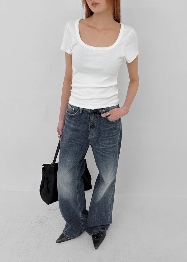 Colnat Diagonal Cut Wide Bootcut Denim Pants