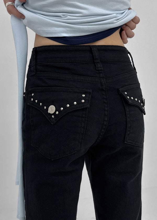 Chank Studded Black Spandex Bootcut Denim Pants